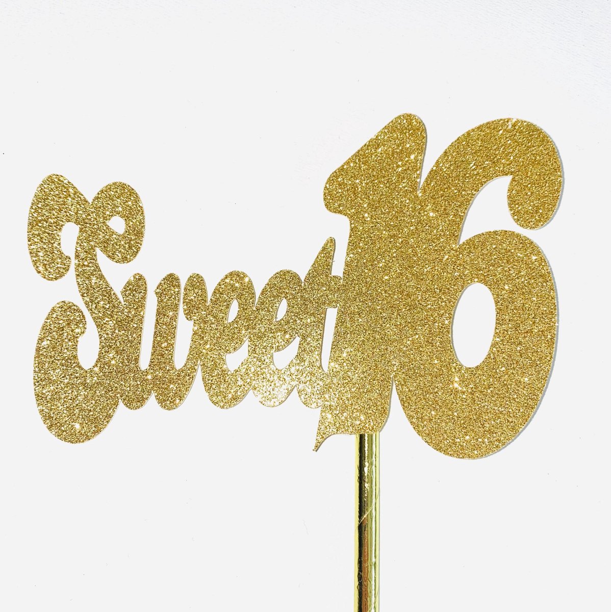 Taarttopper| Cake topper | Verjaardag| Sweet Sixteen 16 | Goud glitter|14 cm| karton